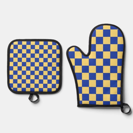 Butter yellow and blue checkered board pattern ovenwant & pannenlap set (Voorkant)