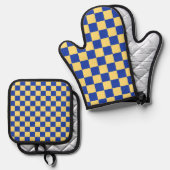 Butter yellow and blue checkered board pattern ovenwant & pannenlap set (Voorkant / Achterkant)
