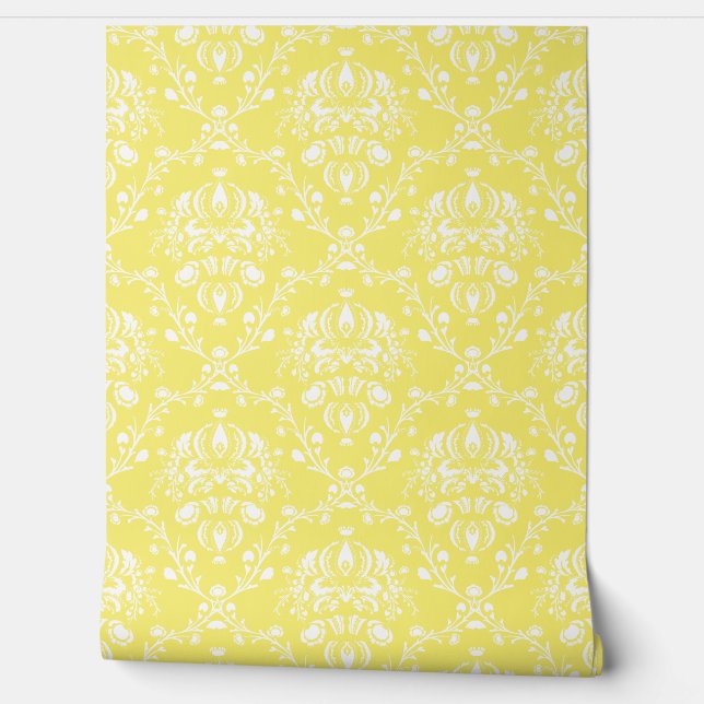 Butter Yellow and White Damask Behang (Afrollen)