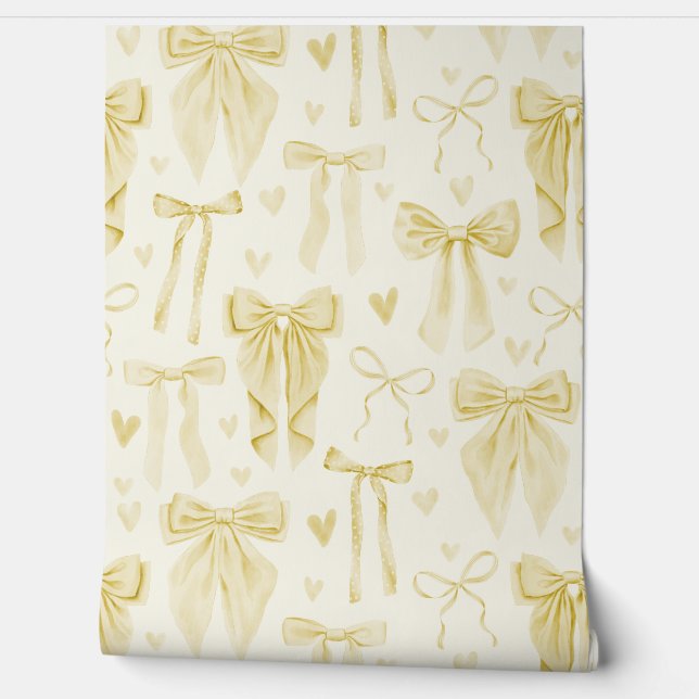 Butter Yellow Bows and Hearts on Cream Behang (Afrollen)
