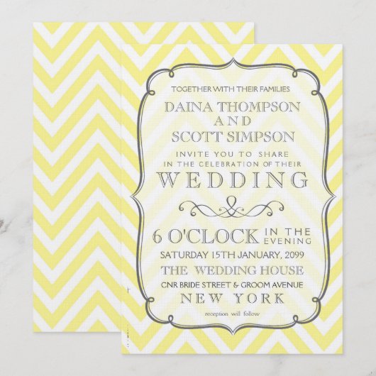  Butter Yellow Chevron Stripes Wedding Kaart (Voorkant / Achterkant)