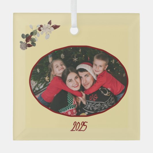 Butter Yellow & Deep Red Floral Photo Christmas Glas Ornament (Voorkant)