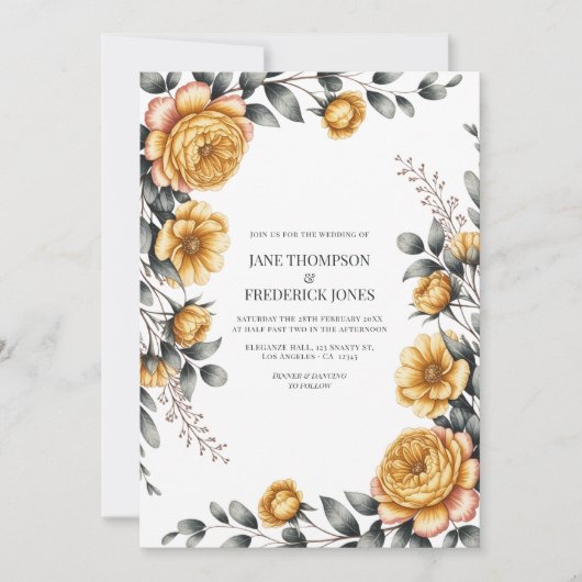 Butter Yellow & Dove Gray Botanical Floral Wedding Kaart (Voorkant)