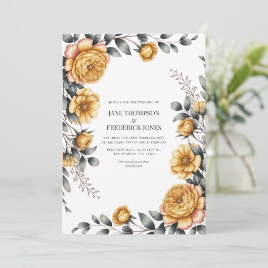 Butter Yellow & Dove Gray Botanical Floral Wedding Kaart (Staand voorkant)