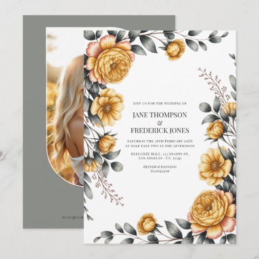 Butter Yellow & Dove Gray Botanical Floral Wedding Kaart (Voorkant / Achterkant)