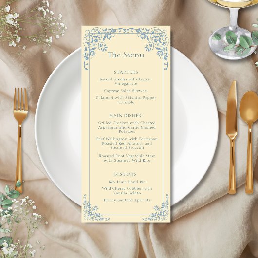 Butter Yellow Dusty Blue Elegant Wedding Menu