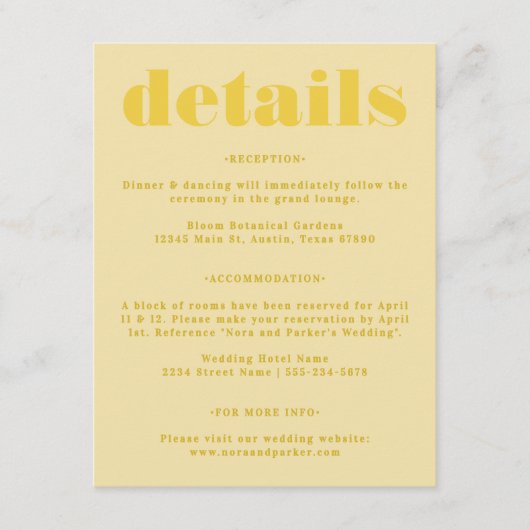 Butter Yellow Eenvoudige Trouwdetails Informatiekaartje (Voorkant)