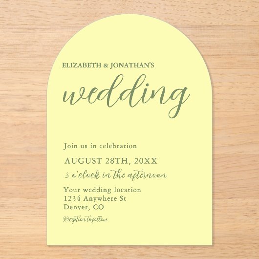 Butter Yellow en Sage Minimalist Wedding Acryl Uitnodigingen (Voorkant)