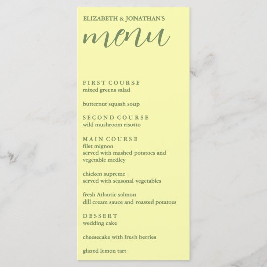 Butter Yellow en Sage Minimalist Wedding Menu (Voorkant)