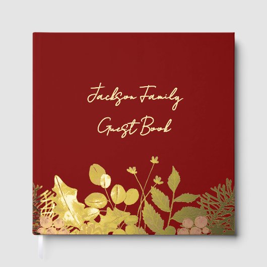 Butter Yellow, Gold & Deep Red Floral Christmas Gastenboek (Voorkant)