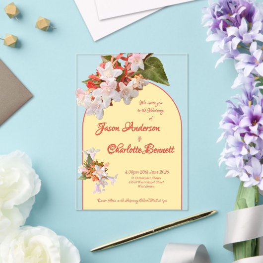 Butter Yellow & Honeysuckle Photo Wedding Acryl Uitnodigingen (Insitu (Huwelijk))