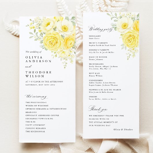 Butter Yellow Ivory Floral Wedding Ceremony Programmakaart