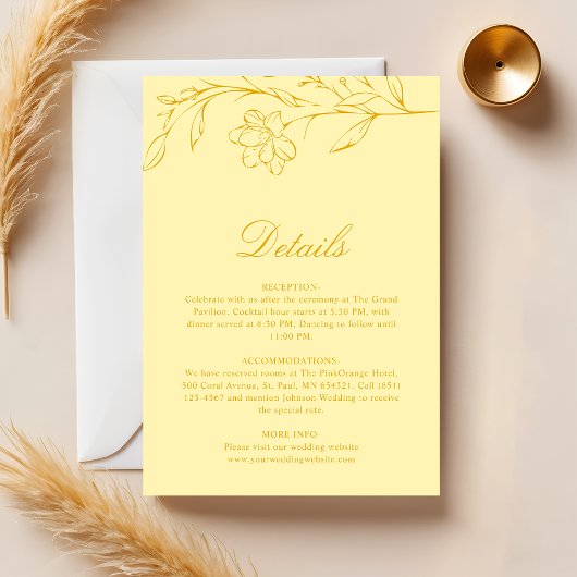 Butter Yellow Modern Floral Wedding Details Informatiekaartje