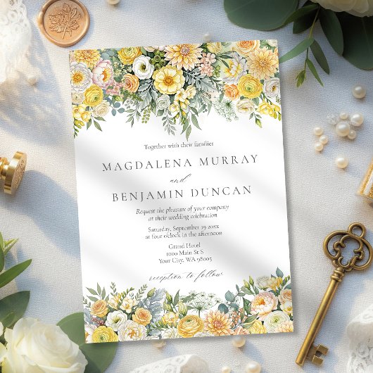 Butter Yellow Peach Sage Green Floral Wedding Kaart