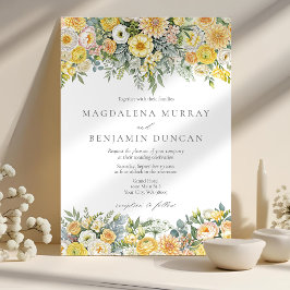 Butter Yellow Peach Sage Green Floral Wedding Kaart