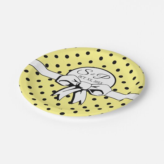 Butter Yellow Polka Dot White Bow gepersonaliseerd Papieren Bordje (Gekanteld)