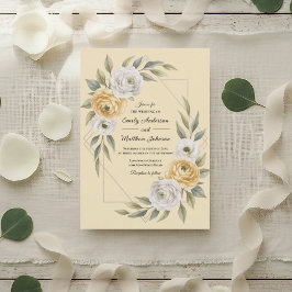 Butter Yellow Watercolor Floral Geometric Wedding Kaart