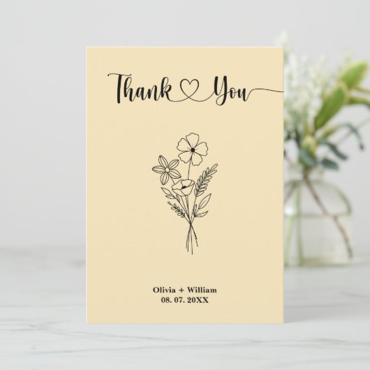 Butter Yellow Wildflowers Floral Photo Wedding Bedankkaart (Staand voorkant)