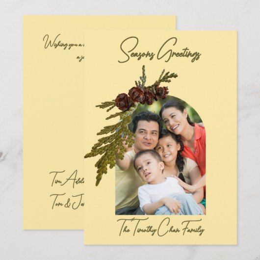 Butter Yellow with Ferns & Cones Seasons Greetings Feestdagenkaart (Voorkant / Achterkant)