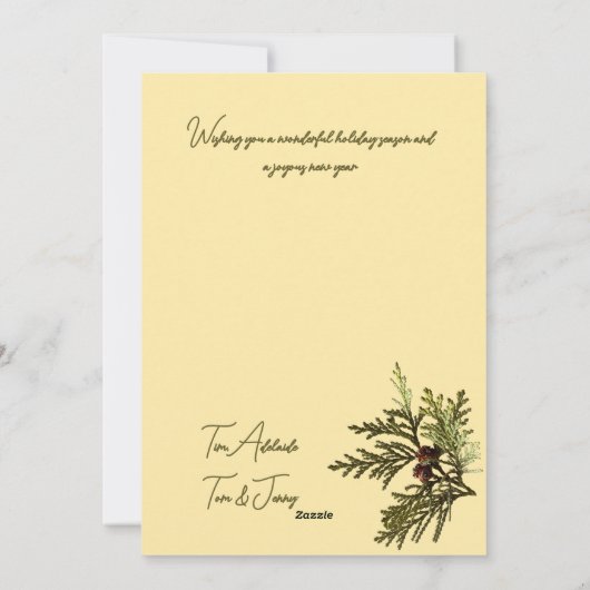 Butter Yellow with Ferns & Cones Seasons Greetings Feestdagenkaart (Achterkant)