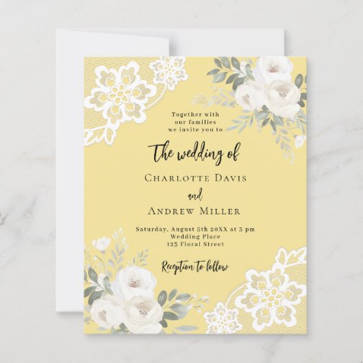 Buttercream geel wit kant bruiloft uitnodiging (Voorkant)