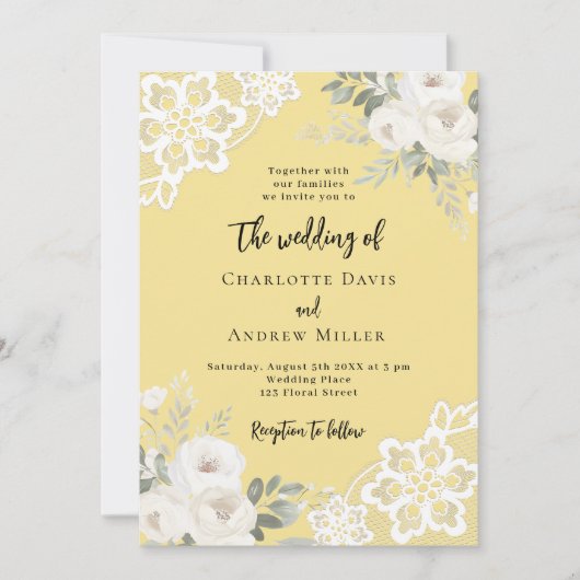 Buttercream geel witte rozen kant bruiloft kaart (Voorkant)
