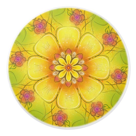 Buttercup en Rozen Keramische Kabinetknop Keramische Knop (Voorkant)