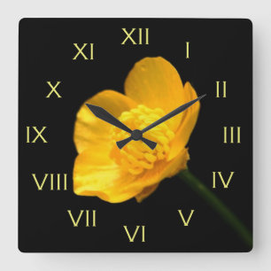 Buttercup Flower Yellow Roman Numbers wc. Vierkante Klok