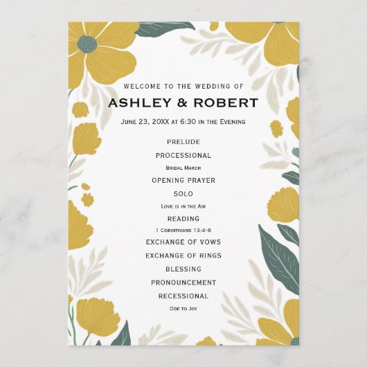 Buttercup Geel Bloemen Moderne Huwelijksceremonie Programmakaart (Voorkant)