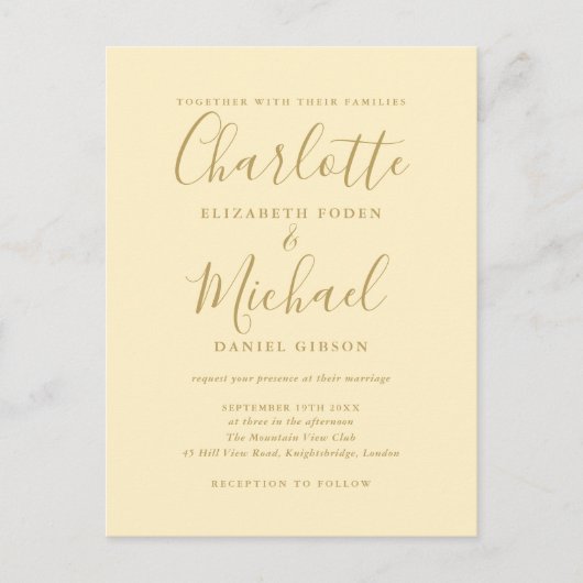 Buttercup Geel en Goud Script bruiloft Uitnodiging Briefkaart (Voorkant)