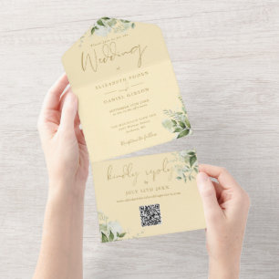 Buttercup Geel Groen QR Code Monogram Huwelijk All In One Uitnodiging