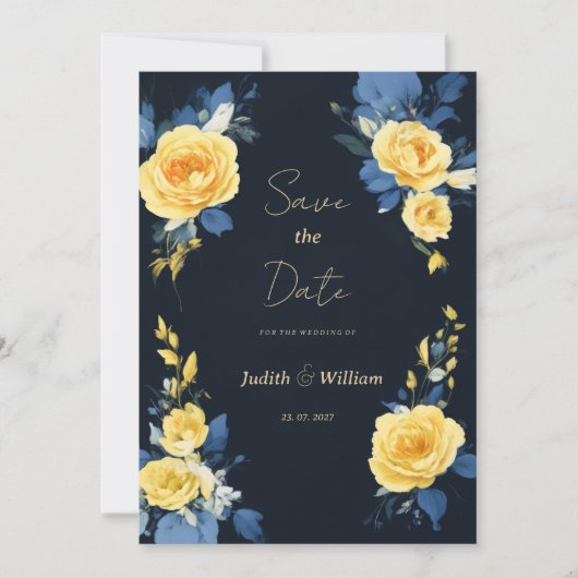 Buttercup geel marineblauw bloemen Save the Date Kaart (Voorkant)
