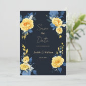 Buttercup geel marineblauw bloemen Save the Date Kaart (Staand voorkant)