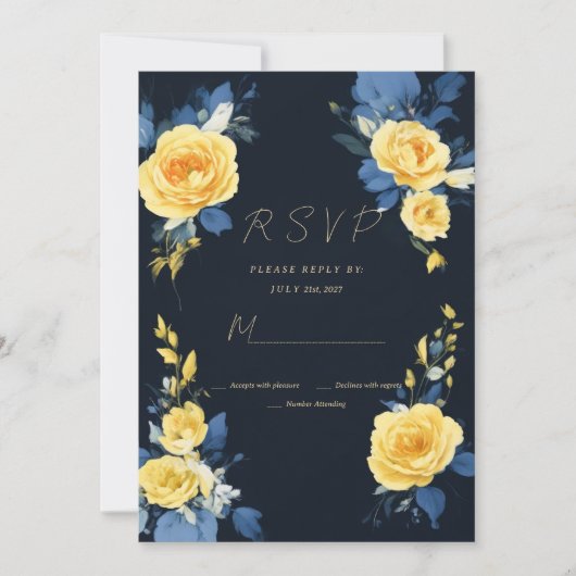 Buttercup geel marineblauw boho bloem RSVP Kaart (Voorkant)