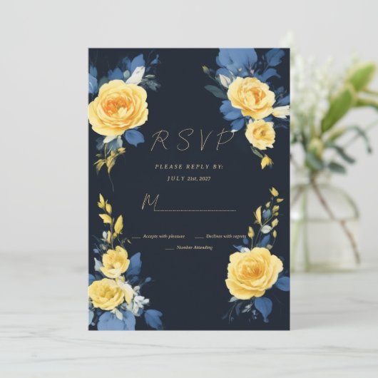Buttercup geel marineblauw boho bloem RSVP Kaart (Staand voorkant)