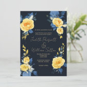 Buttercup geel marineblauw boho bloemenbruiloft kaart (Staand voorkant)