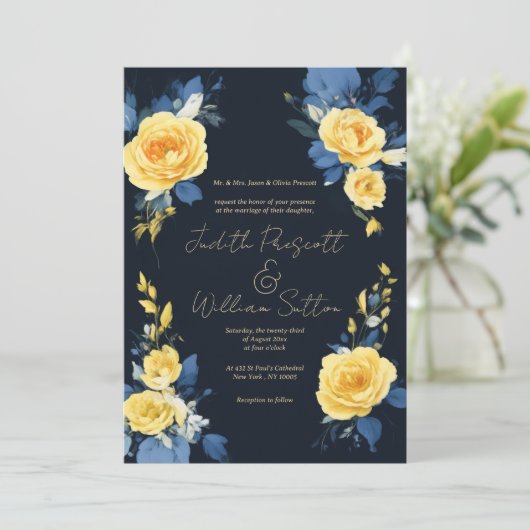 Buttercup geel marineblauw boho bloemenbruiloft kaart (Staand voorkant)