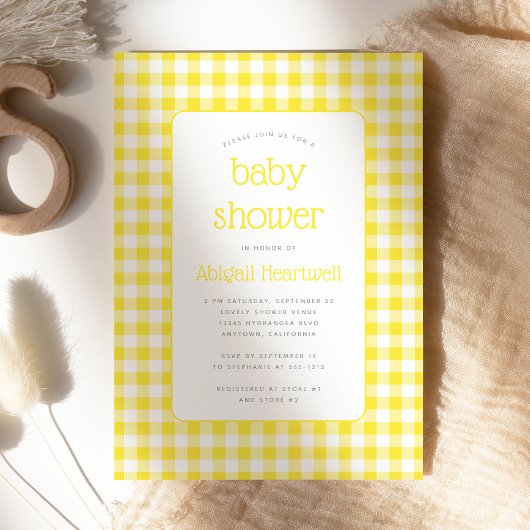 Buttercup Yellow Gingham Check Baby shower Kaart