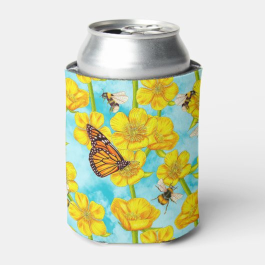Buttercups, Bijen en Vlinders op Wolken Blikjeskoeler (Blikje Voorkant)