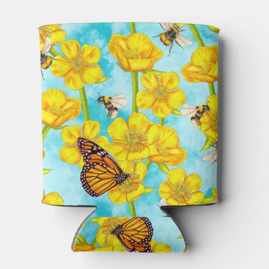Buttercups, Bijen en Vlinders op Wolken Blikjeskoeler (Achterkant)