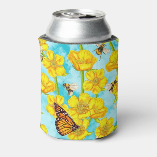 Buttercups, Bijen en Vlinders op Wolken Blikjeskoeler (Blikje Achterkant)