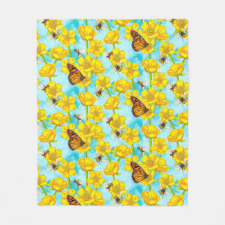 Buttercups, Bijen en Vlinders op Wolken Fleece Deken