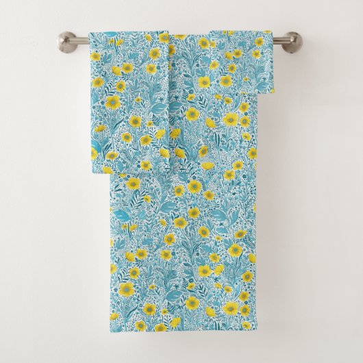 Buttercups, geel, blauw en wit bad handdoek (Insitu)