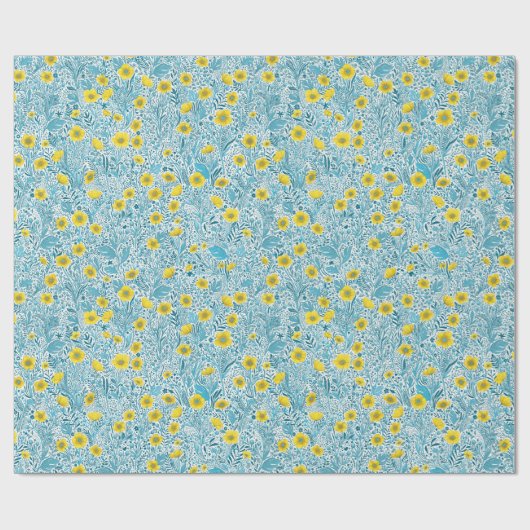 Buttercups, geel, blauw en wit cadeaupapier (Vlak)