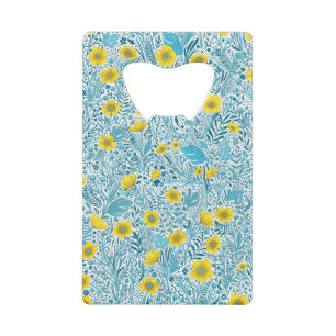 Buttercups, geel, blauw en wit creditkaart flessenopener