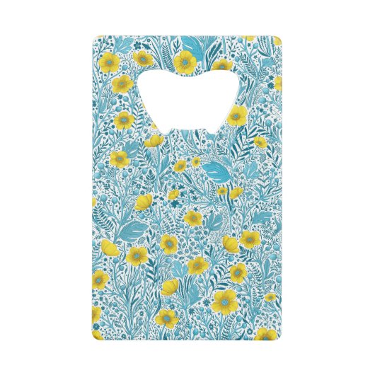 Buttercups, geel, blauw en wit creditkaart flessenopener (Voorkant)
