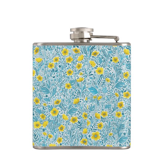 Buttercups, geel, blauw en wit heupfles (Achterkant)