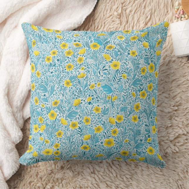 Buttercups, geel, blauw en wit kussen (Deken)