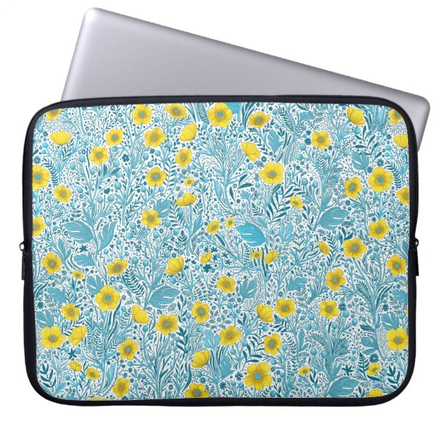 Buttercups, geel, blauw en wit laptop sleeve (Voorkant)