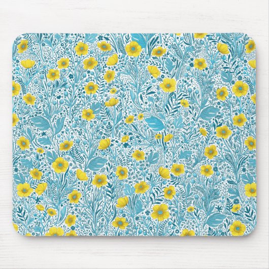 Buttercups, geel, blauw en wit muismat (Voorkant)